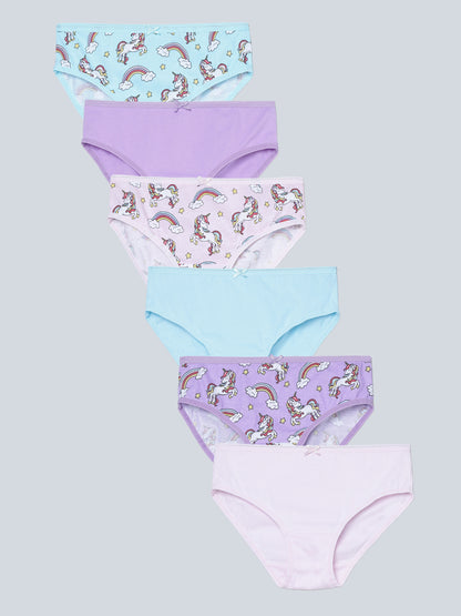 Girls Brief - Unicorn All Over Print & Solid Multicolor Brief Pack of 6.