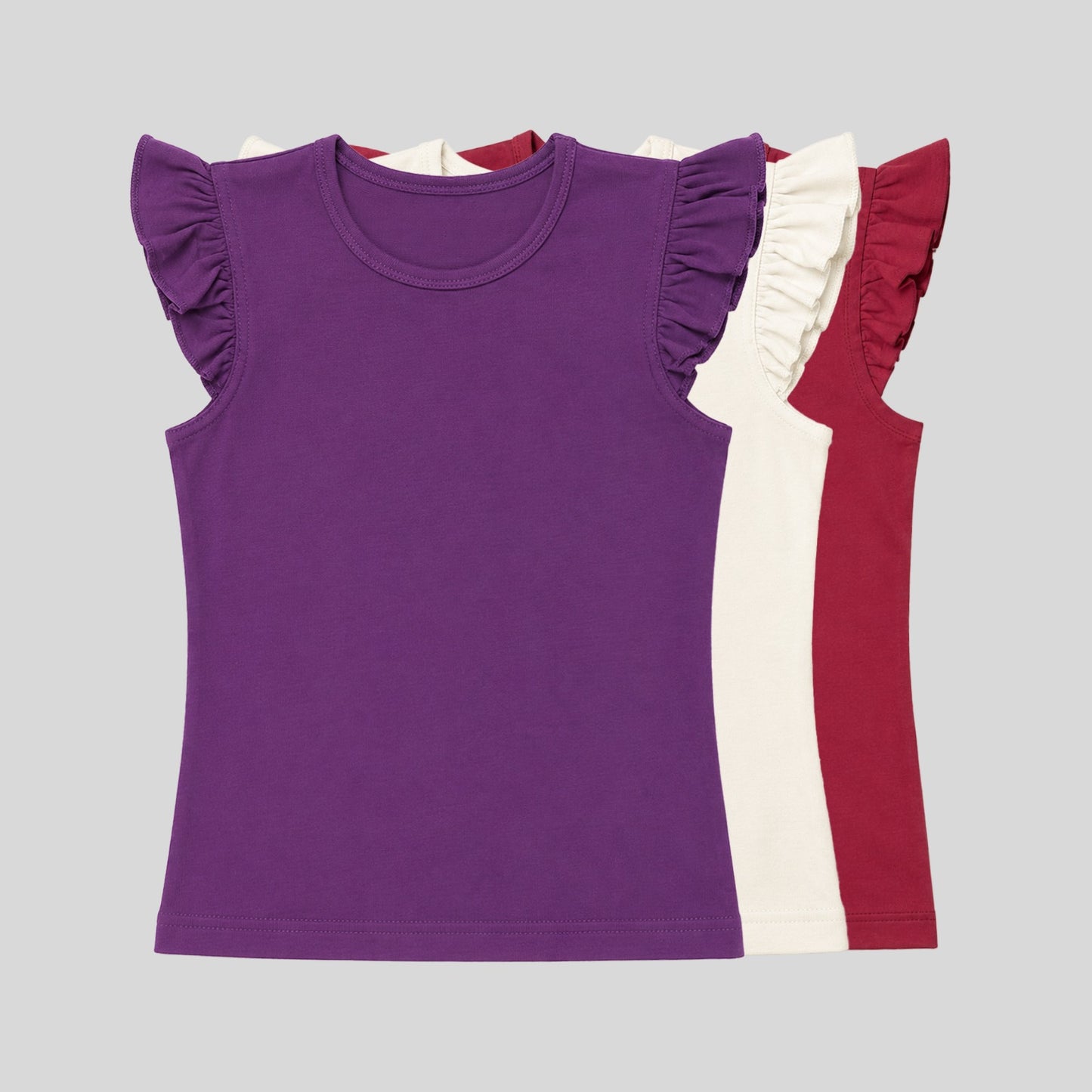 Girls Flutter Sleeve Solid Cotton Tshirt Combo Pack (Set of 3)