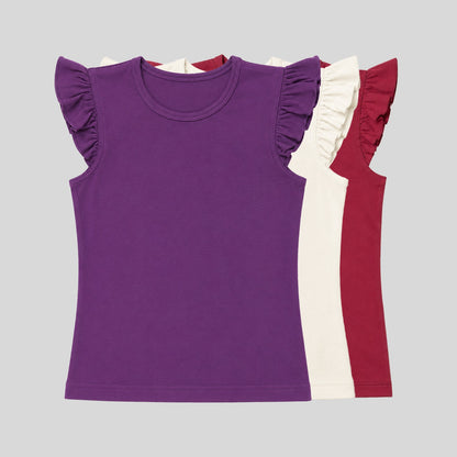 Girls Flutter Sleeve Solid Cotton Tshirt Combo Pack (Set of 3)