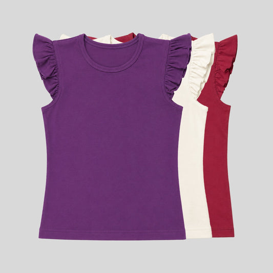 Girls Flutter Sleeve Solid Cotton Tshirt Combo Pack (Set of 3)