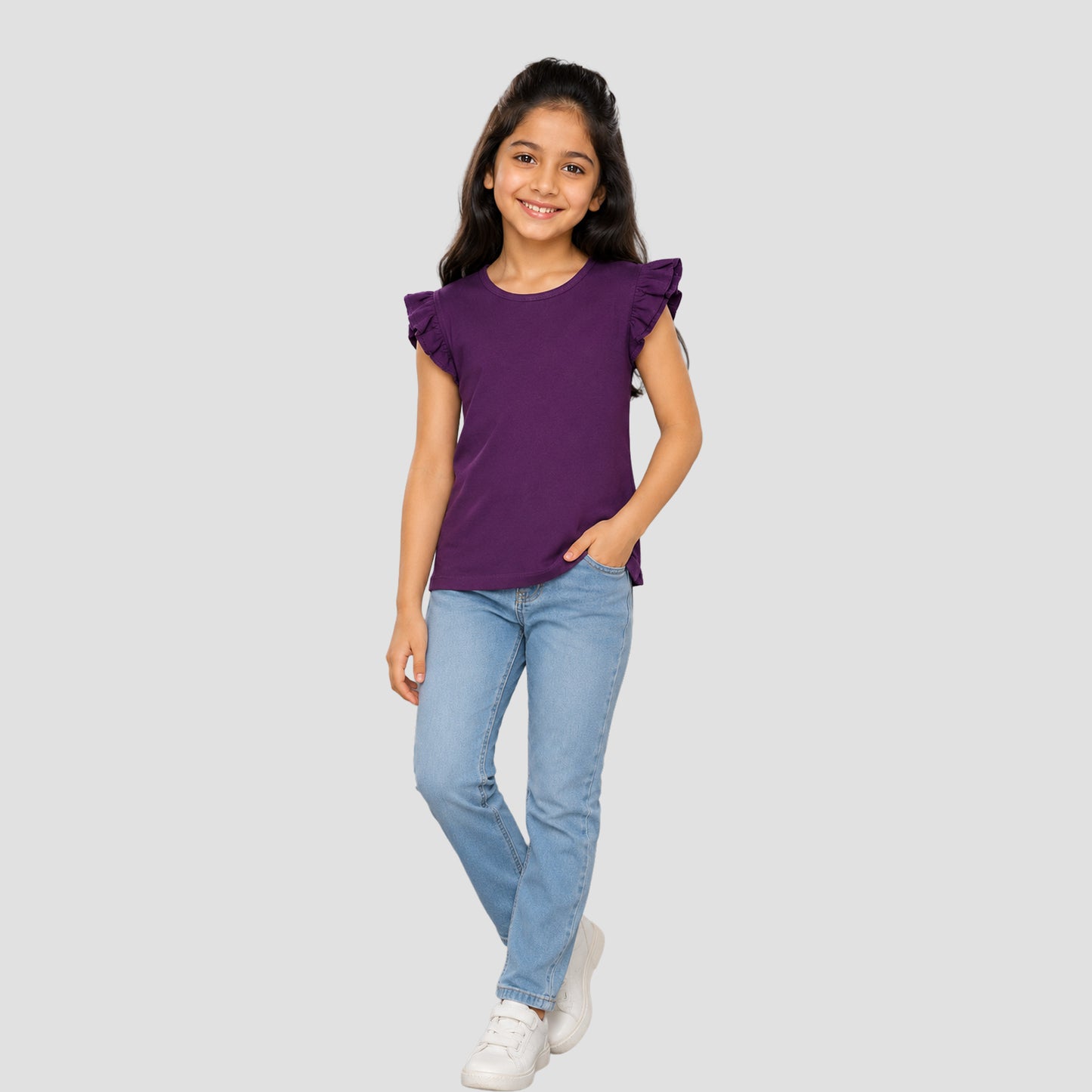 Girls' Soft Cotton Flutter Sleeve Round Neck Top | Casual Summer T-Shirt for Kids