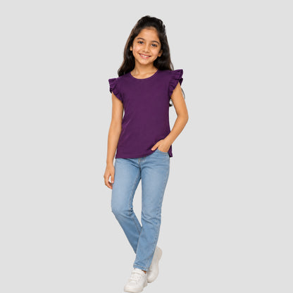 Girls' Soft Cotton Flutter Sleeve Round Neck Top | Casual Summer T-Shirt for Kids