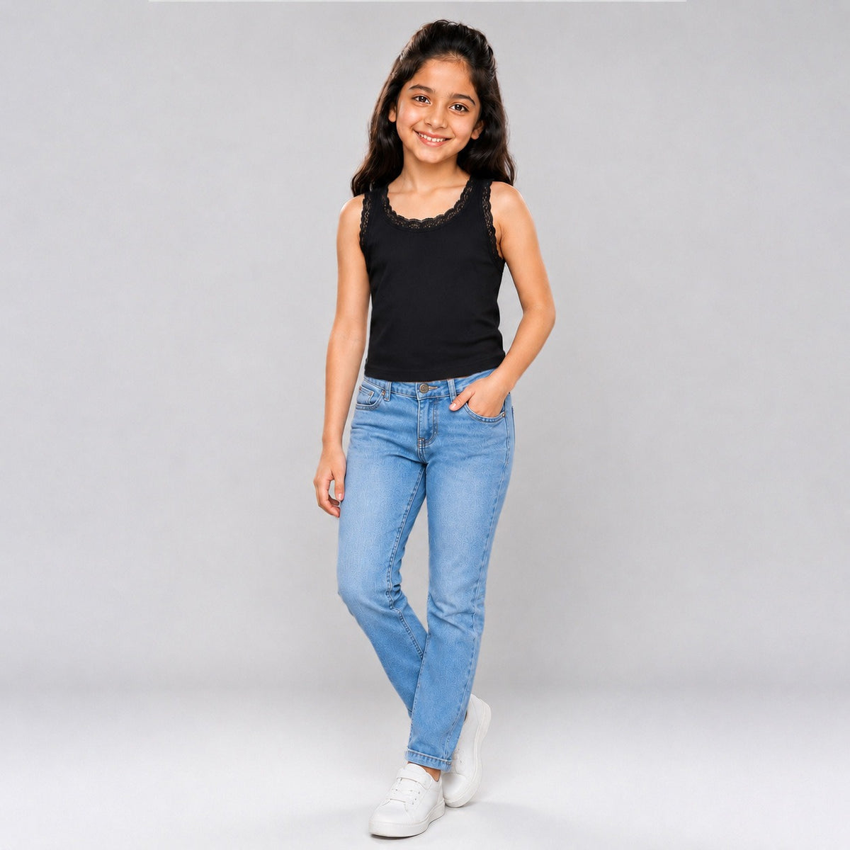 Girls' Lace Sleeveless Crop Tank Top - Black