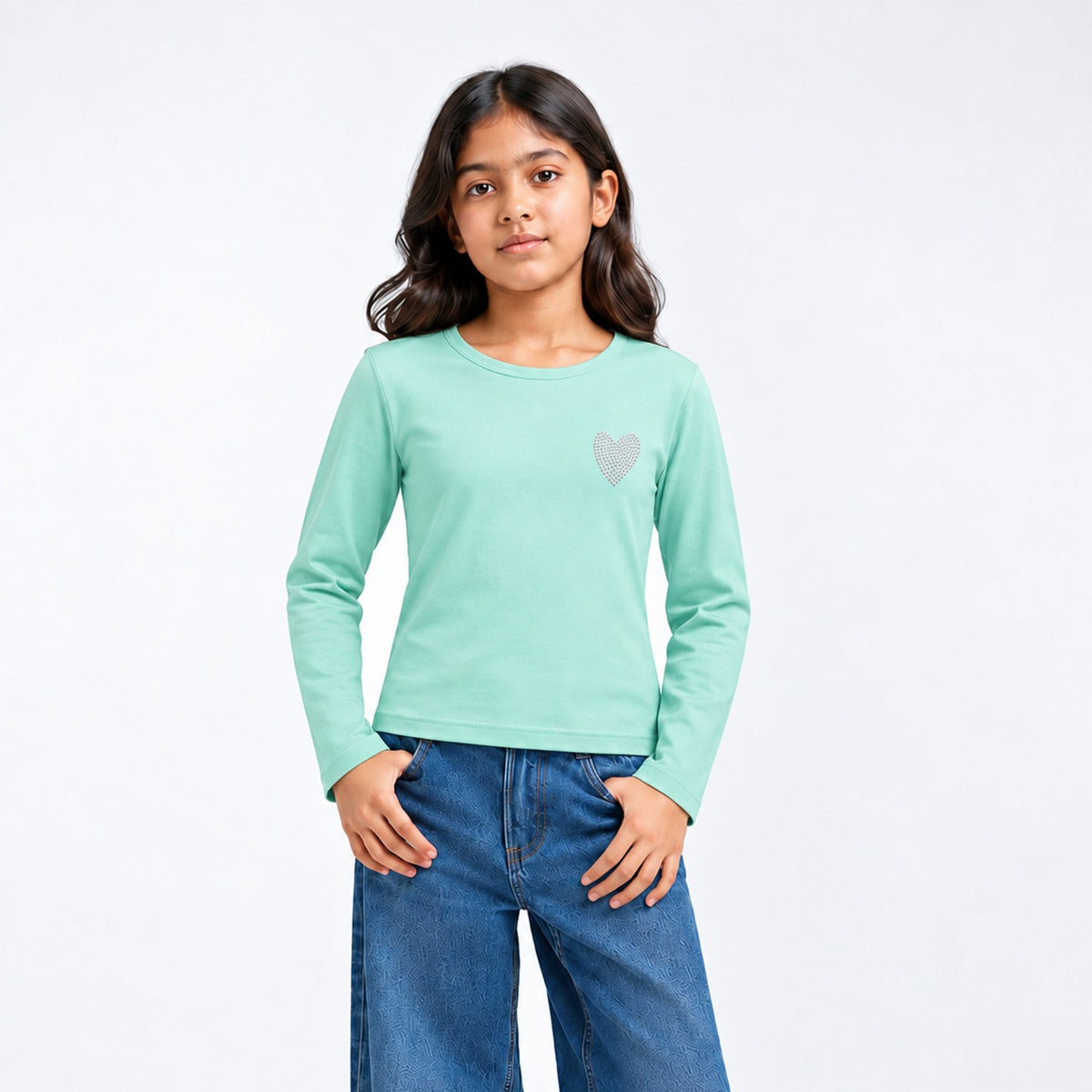 Girls Cotton Heart Printed T-Shirt - Aqua