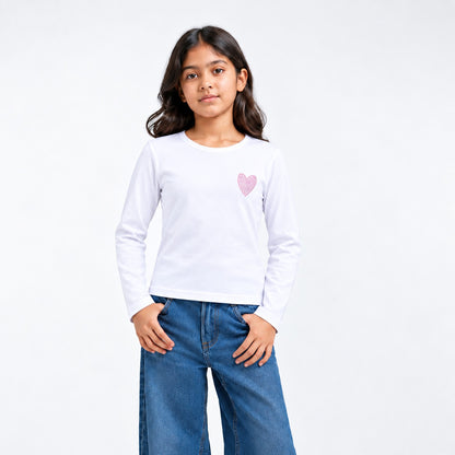 Girls Cotton Heart Printed T-Shirt - White