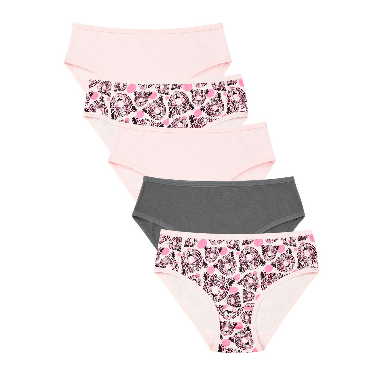 Girls Soft Cotton Brief Cute Animal Print, Solid Pink & Grey Briefs for Everyday Wear (Pack of 5)