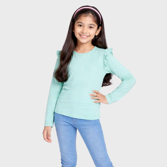 CharmnCherish Girls' Cotton Frill T-Shirt - Aqua (Pack of 1)