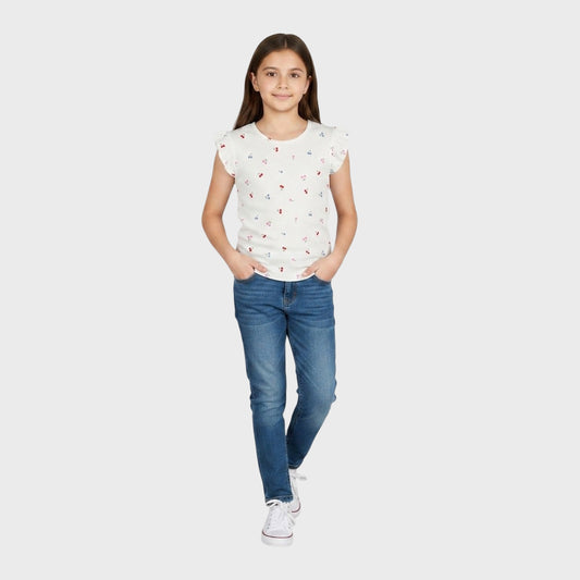 Girls’ Cherry Print Flutter Sleeveless T-Shirt – Soft Cotton Blend Casual Summer Tee