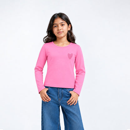 Girls' Full Sleeve T-Shirt - Pink Sparkle Heart
