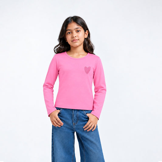 Girls' Full Sleeve T-Shirt - Pink Sparkle Heart