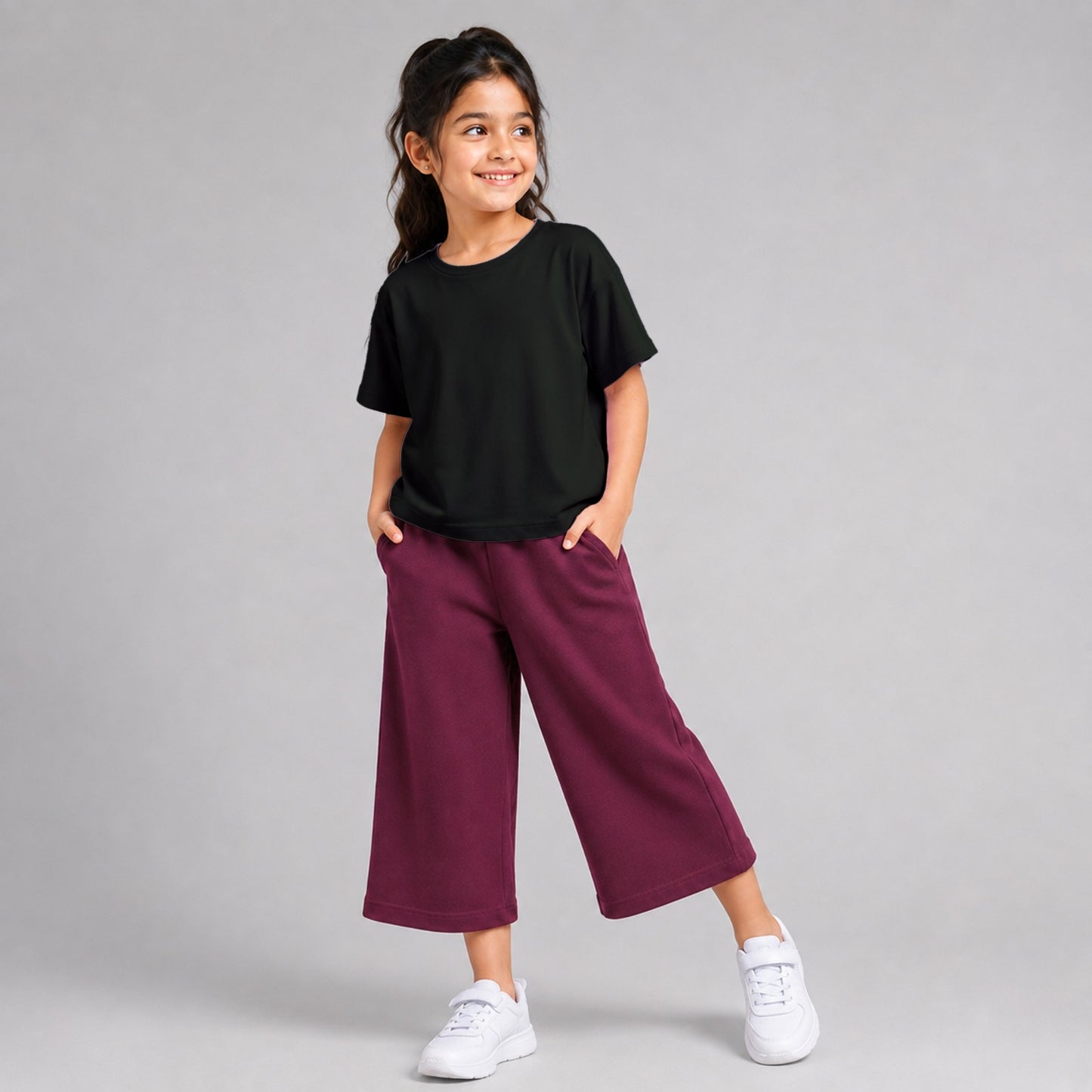 Girls' Cotton Casual Wide-Leg Joggers – Loose Fit Maroon Track Pants with Pockets