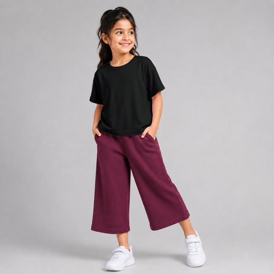 Girls' Cotton Casual Wide-Leg Joggers – Loose Fit Maroon Track Pants with Pockets
