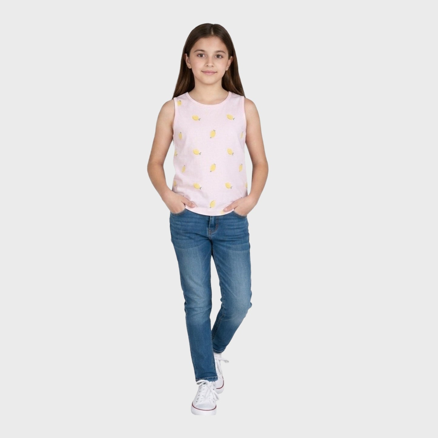 Girls' Light Pink Sleeveless Tank Top with Lemon Print - Summer Cotton Knit