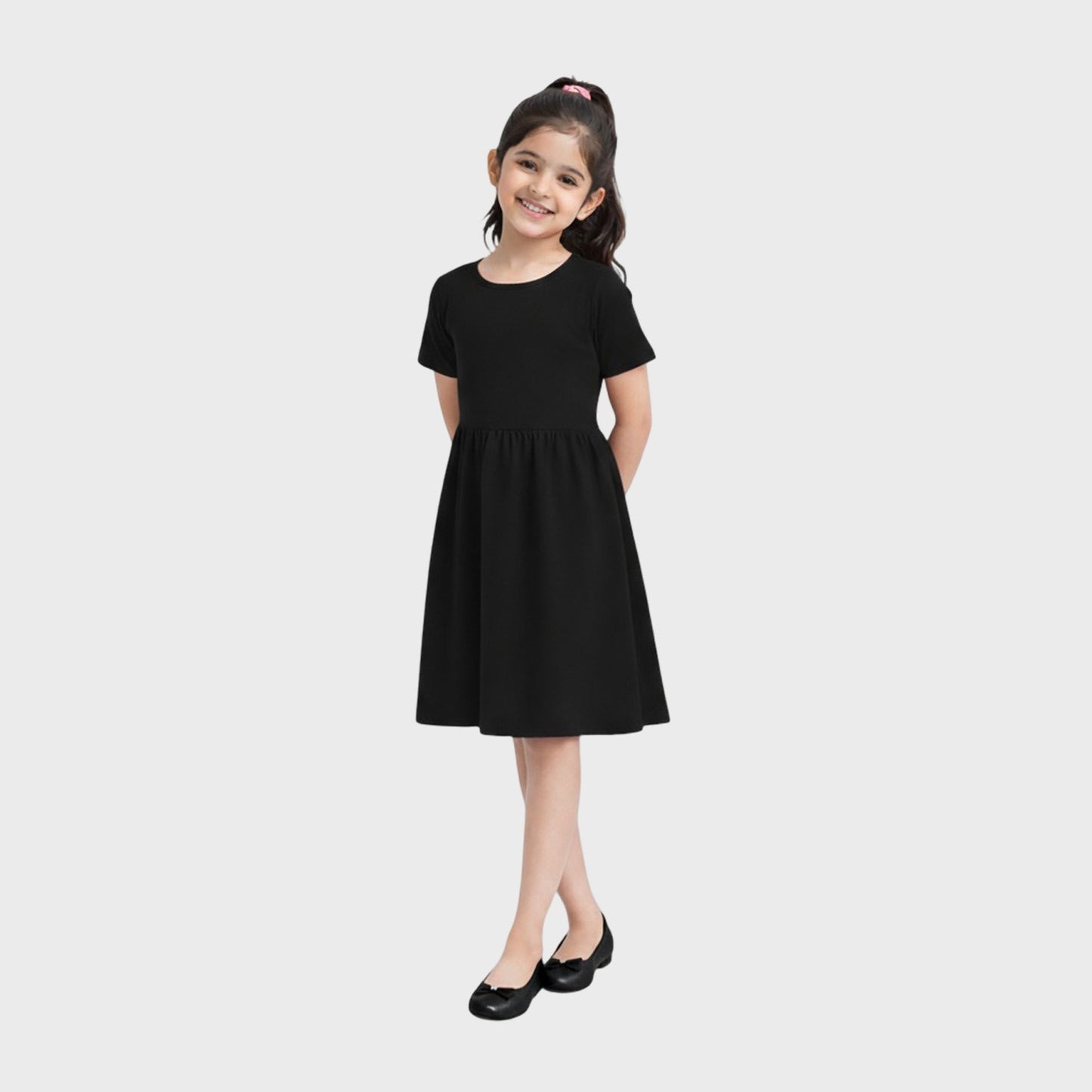 Girls Cotton Long Dress Half Sleeve,Black