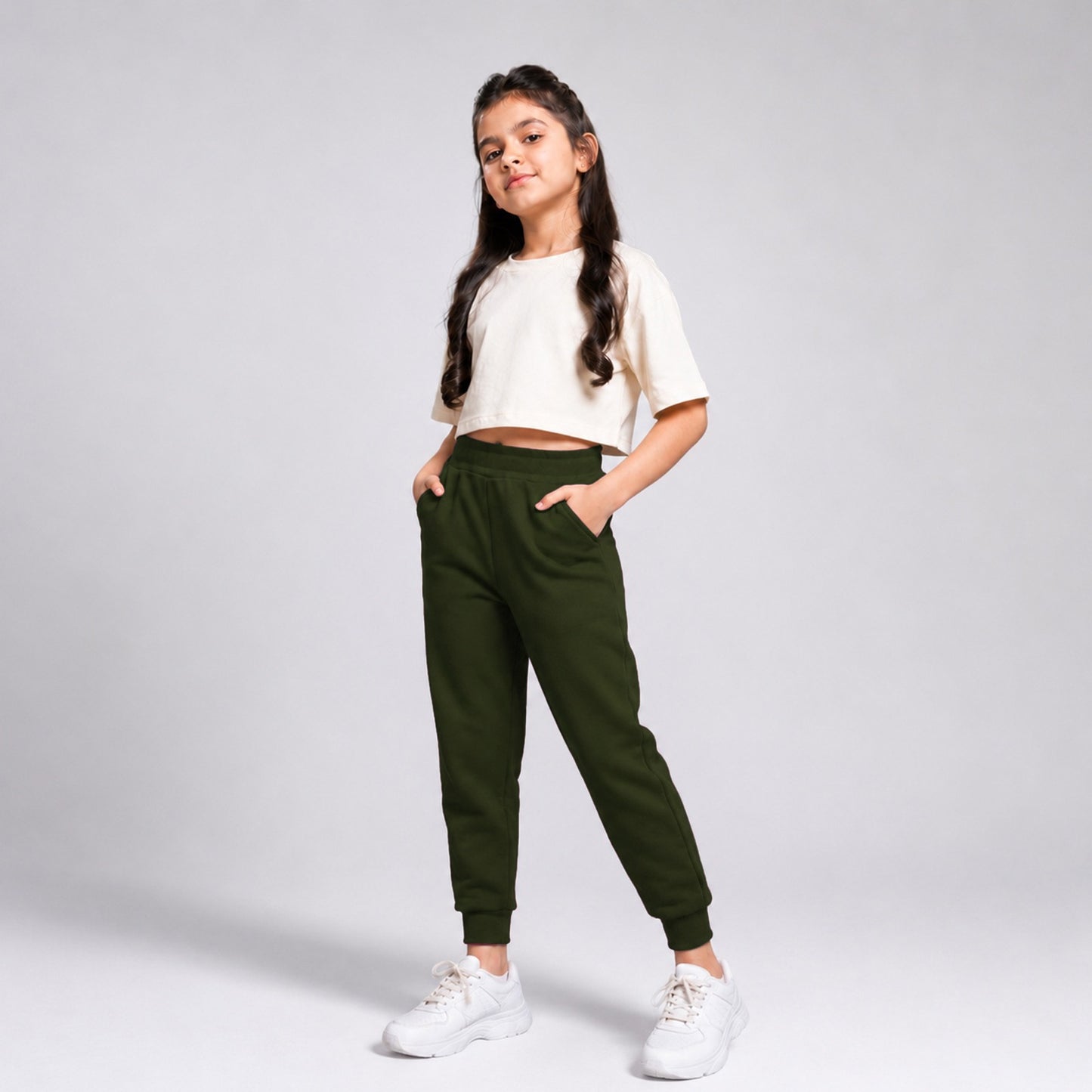 Girls Solid Green Cotton Joggers with Elastic Waistband & Side Pockets