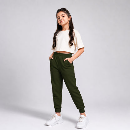 Girls Solid Green Cotton Joggers with Elastic Waistband & Side Pockets