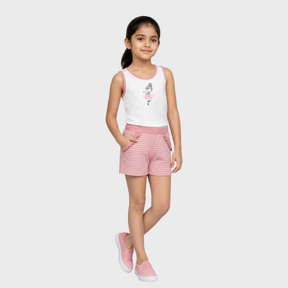 Girls Cotton Set - White Sleeveless Tops with Cute Ballerina Print and Pink Striped Knit Pocket Shorts, Casual Kids Outfit