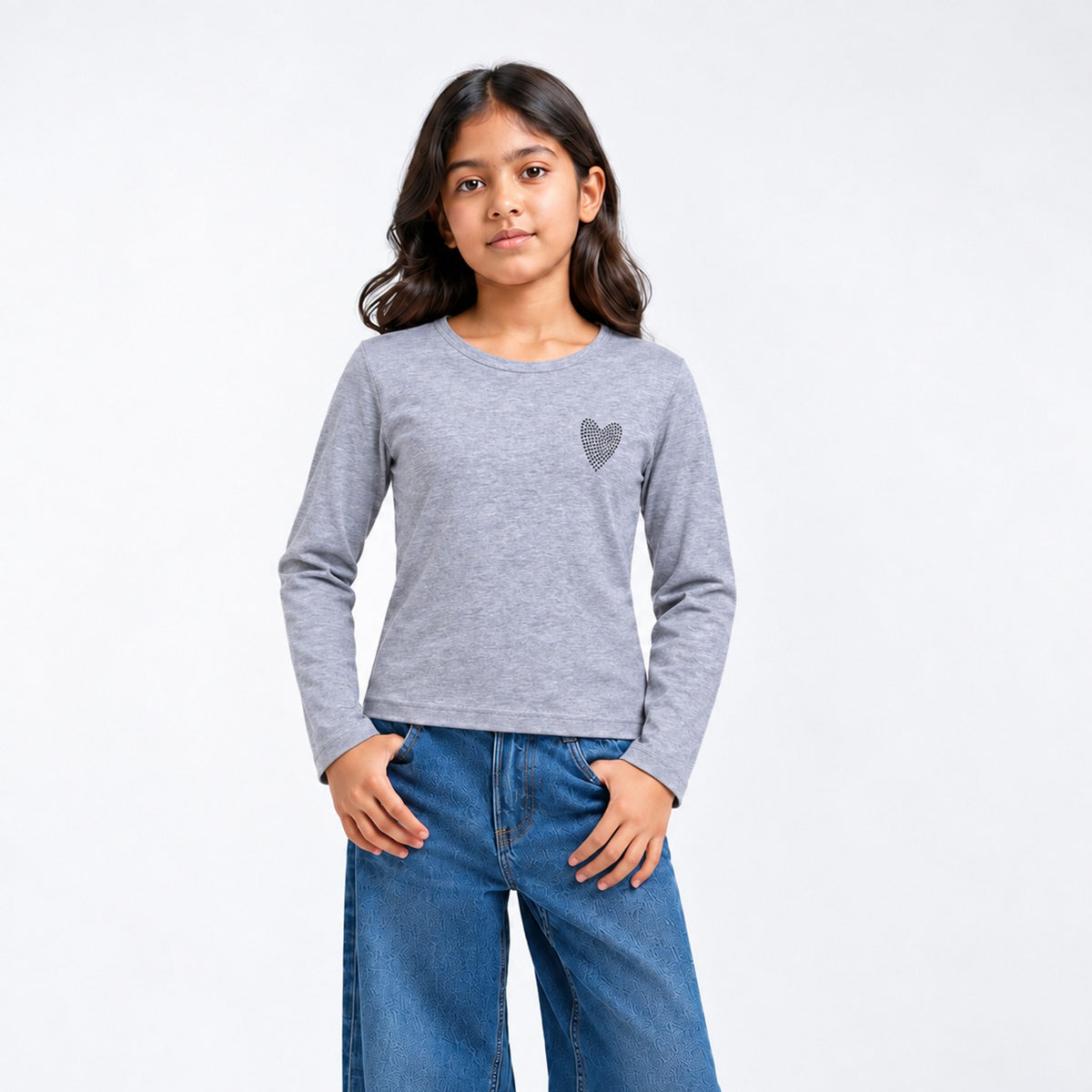 Girls Cotton Heart Printed T-Shirt - Grey
