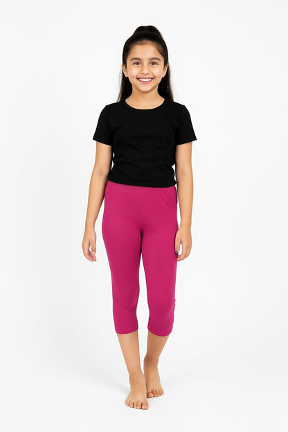 Girls 3/4 Leggings  Solid Dark Pink Color Pack Of 1