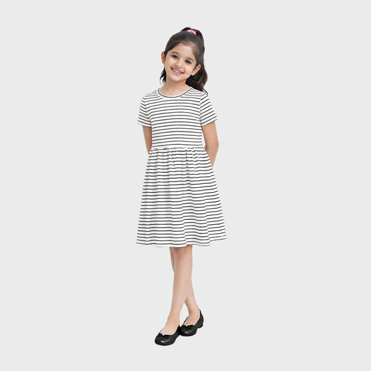 Girls Cotton Long Dress Half Sleeve,White AOP