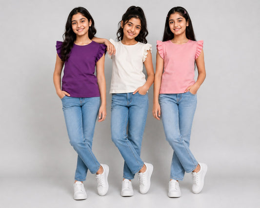Girls' Ruffle Flutter Sleeve Cotton T-Shirts ( 3 Pack)