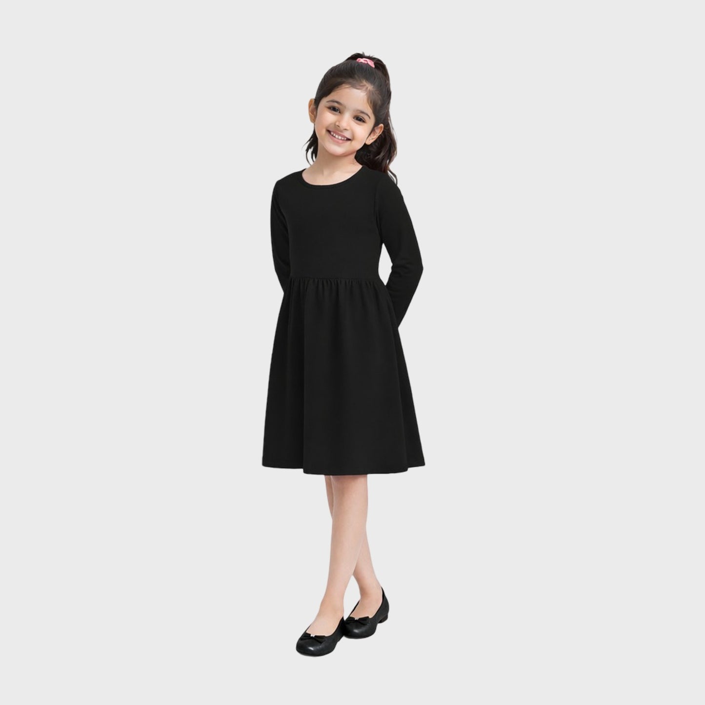 Girls Cotton Long Dress Full Sleeve, Black