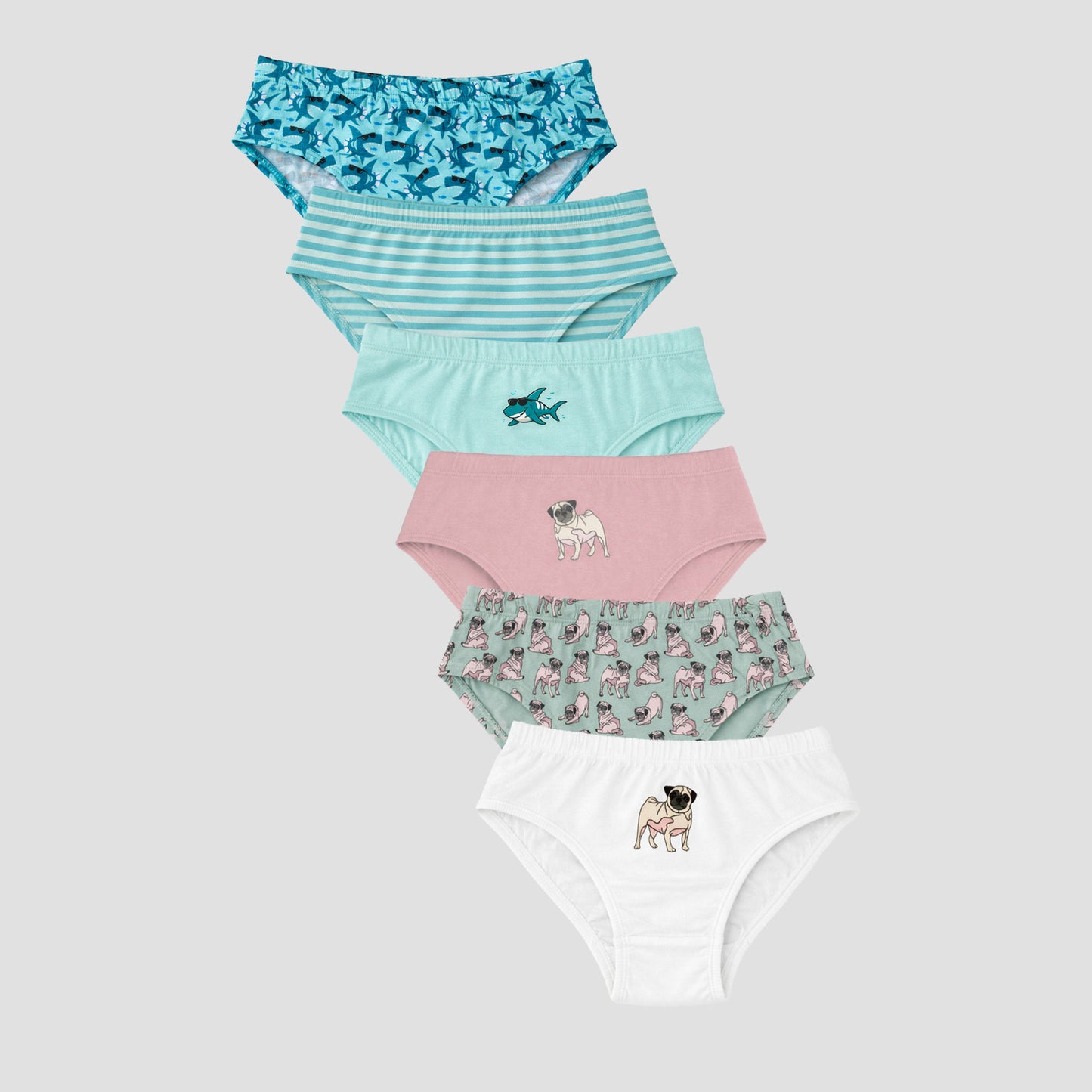 Charm N Cherish Boys Cotton Briefs (Pack of 6) | Cute Shark & Pug Dog Printed Underwear Combo for Kids