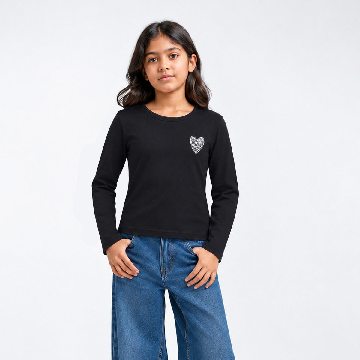 Girls Cotton Heart Printed T-Shirt - Black