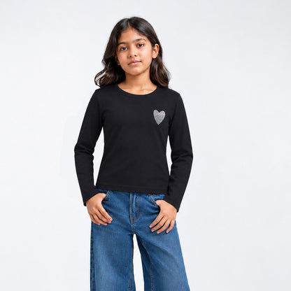 Girls Cotton Heart Printed T-Shirt - Black