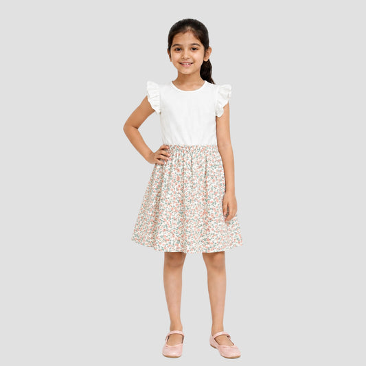 Girls' Pink Floral A-Line Dress with Ruffle Sleeves - Casual Summer Cotton Frock