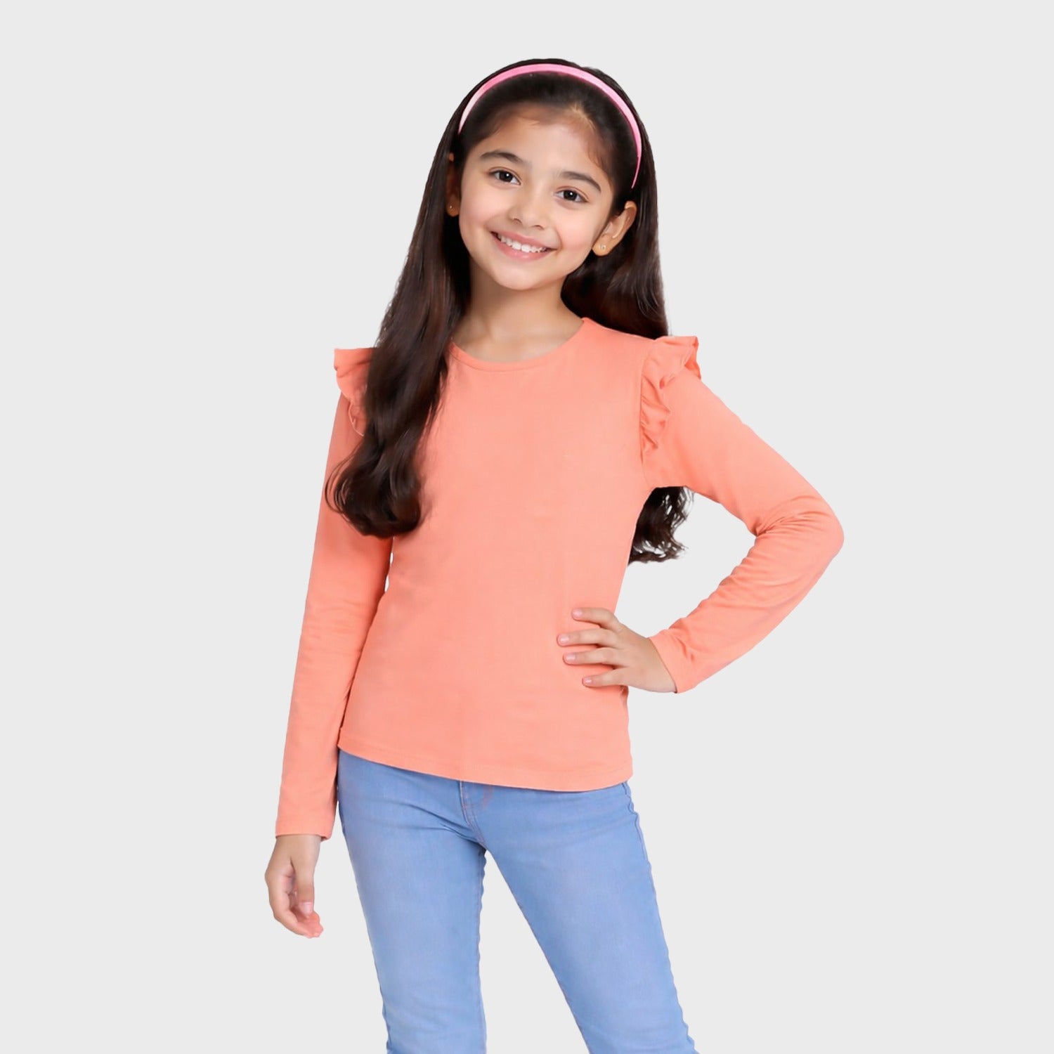 CharmnCherish Girls' Cotton Frill T-Shirt - Coral (Pack of 1)