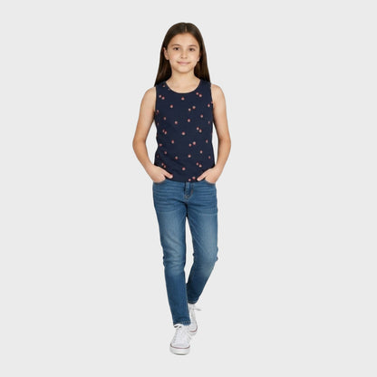 Girls' Navy Blue Sleeveless Tank Top with Strawberry Print