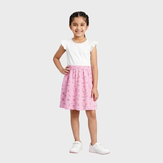 Girls' Pink Floral A-Line Dress with Ruffle Sleeves - Casual Summer Cotton Frock