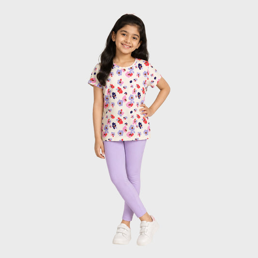 Girls Cotton Short Sleeve Colorful All-Over Flower Print Summer Casual T-Shirt