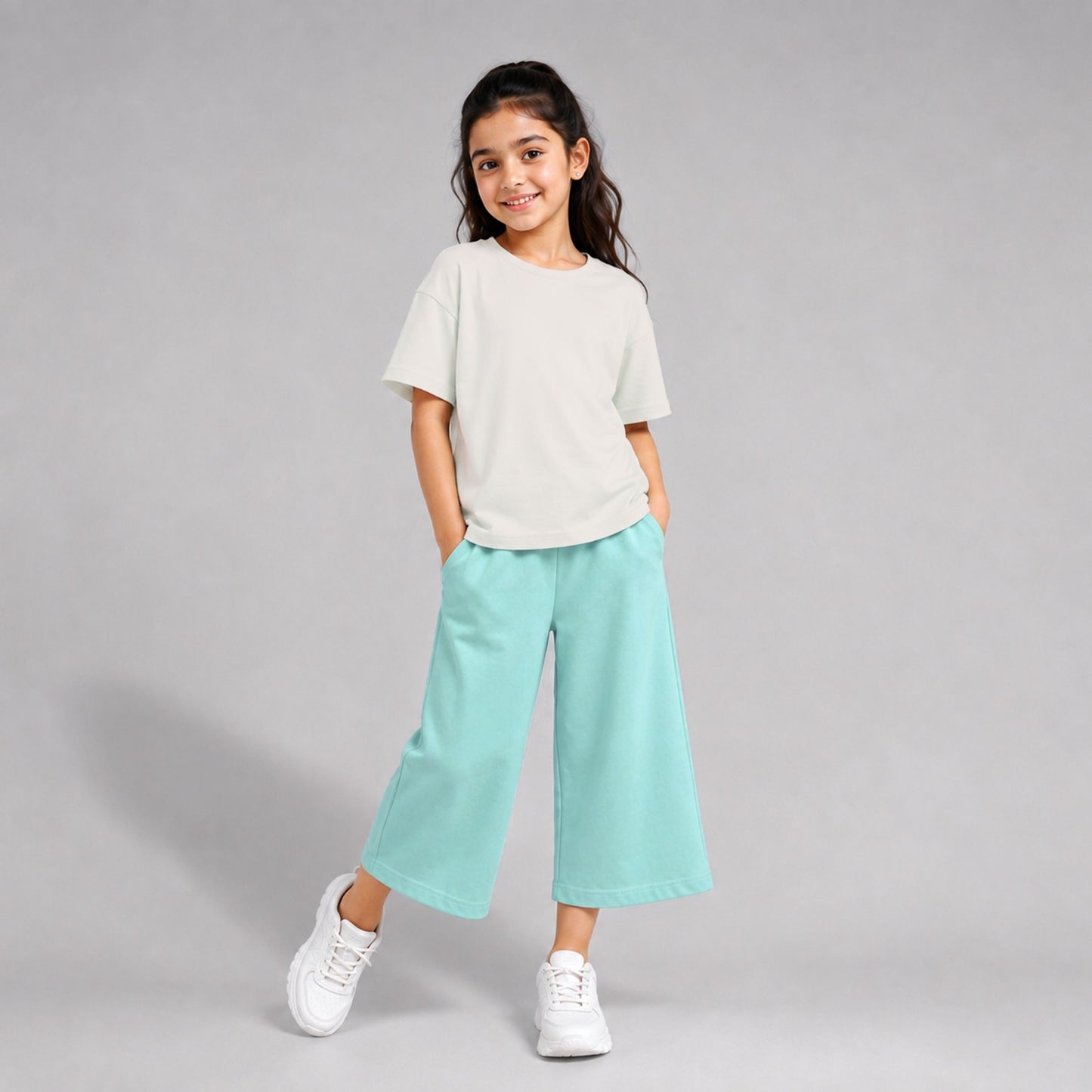 Girls' Cotton Casual Wide-Leg Joggers – Loose Fit Mint Green Track Pants with Pockets