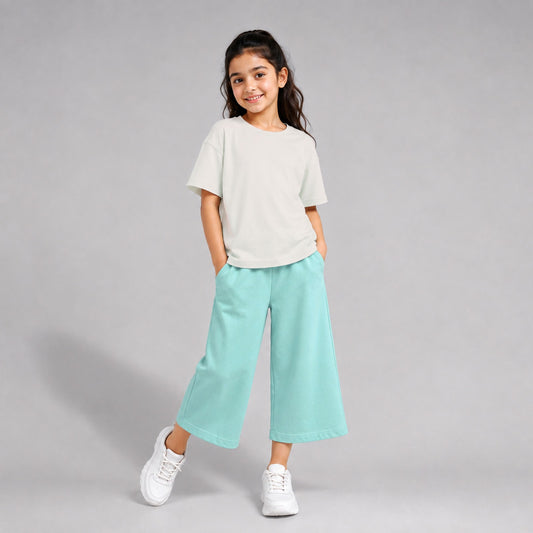 Girls' Cotton Casual Wide-Leg Joggers – Loose Fit Mint Green Track Pants with Pockets