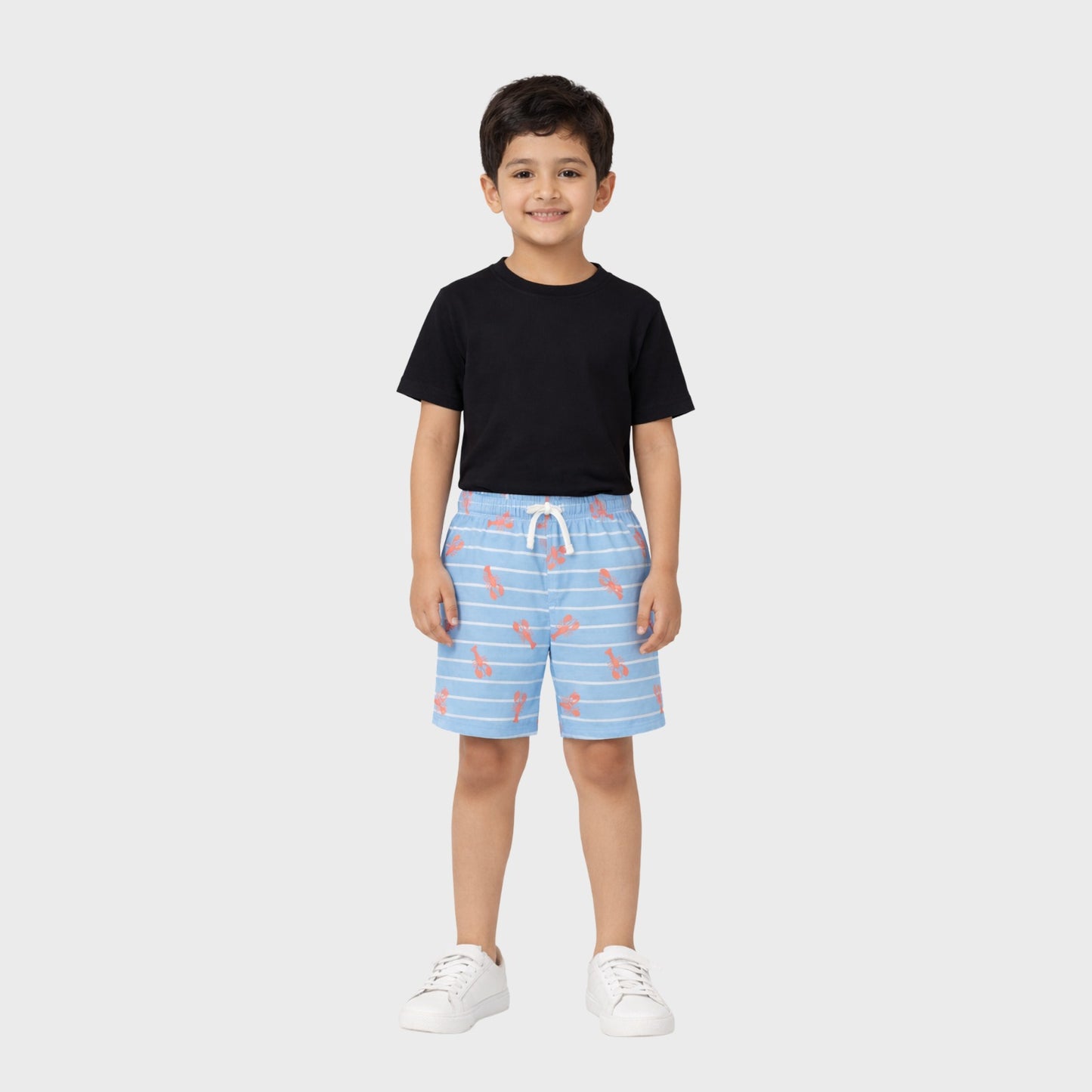 Boys Blue Striped & Lobster Print Mid-Rise Shorts
