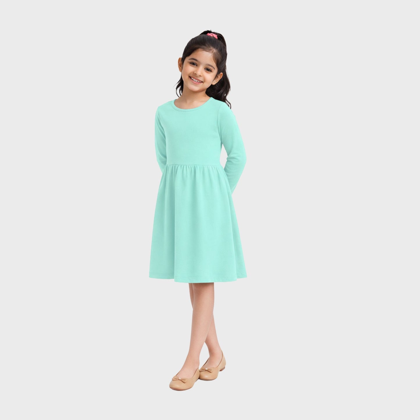Girls Cotton Long Dress Full Sleeve, Aqua