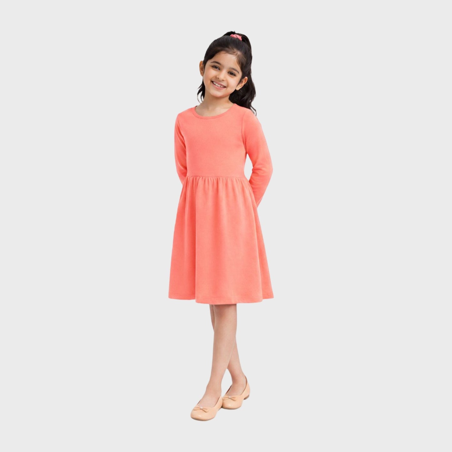 Girls Cotton Long Dress Full Sleeve, Coral