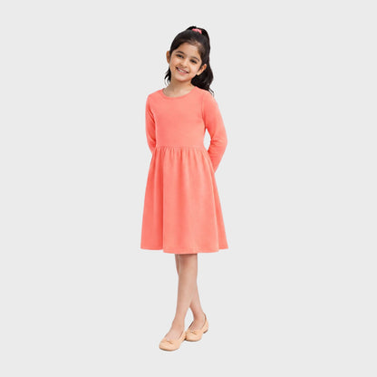 Girls Cotton Long Dress Full Sleeve, Coral
