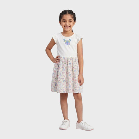 Girls' Floral Print Fit-and-Flare Dress with Butterfly Graphic