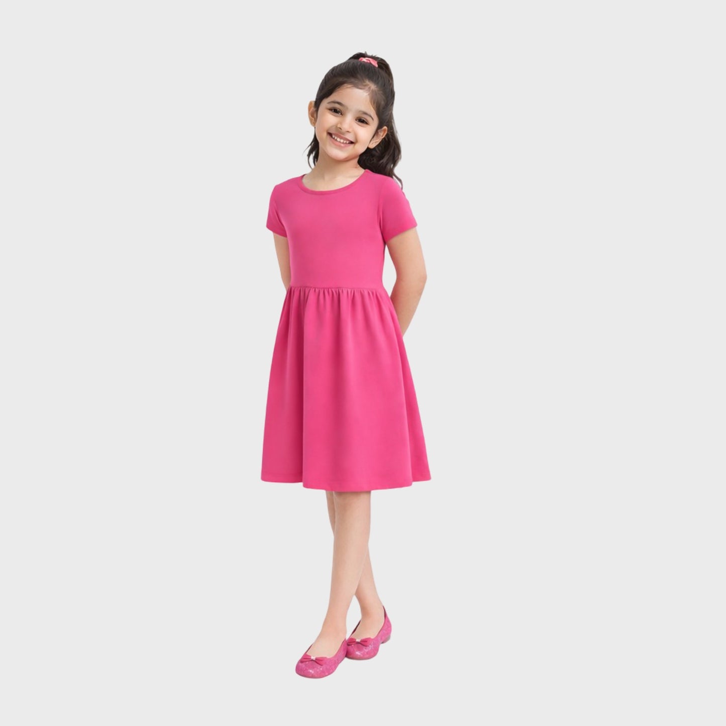 Girls Cotton Long Dress Half Sleeve,Dark Pink