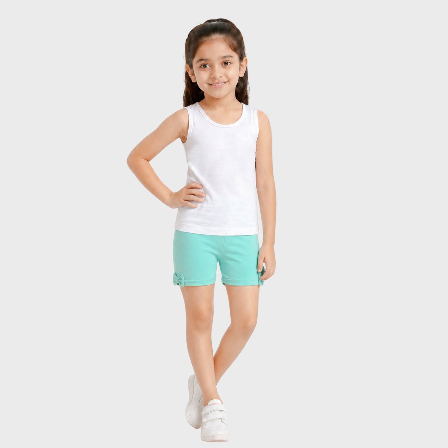 Girls Summer Clothes Set - Sleeveless White Tank Top and Mint Green Cotton Knit Shorts with Side Bow Accent, Casual 2-Piece Playwear Outfit for Kids