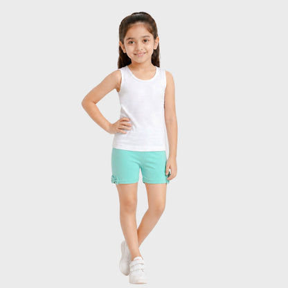 Girls Summer Clothes Set - Sleeveless White Tank Top and Mint Green Cotton Knit Shorts with Side Bow Accent, Casual 2-Piece Playwear Outfit for Kids