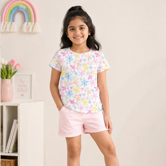 Charm N Cherish Girls' Cotton Floral Print T-Shirt - Comfortable Round Neck Short Sleeve Kids Wear