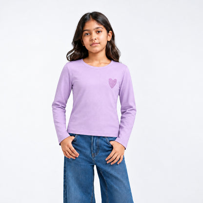 Girls Cotton Heart Printed T-Shirt - Lavender
