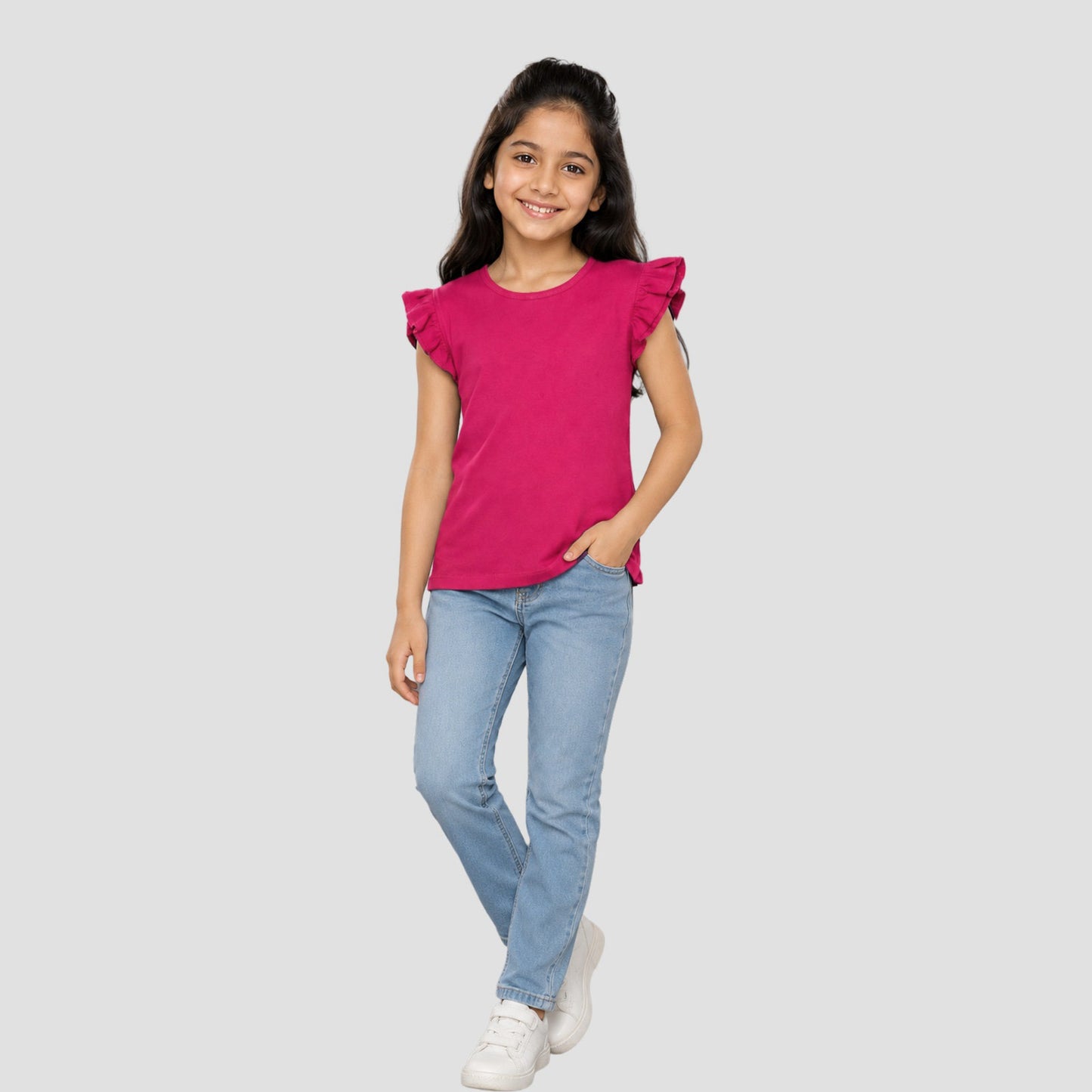 Girls' Soft Cotton Flutter Sleeve Round Neck Top | Casual Summer T-Shirt for Kids