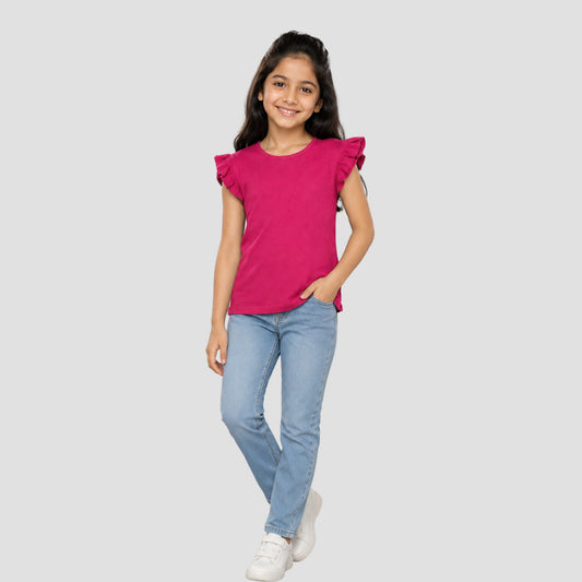 Girls' Soft Cotton Flutter Sleeve Round Neck Top | Casual Summer T-Shirt for Kids