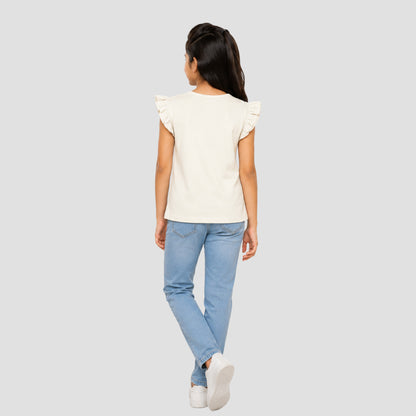 Girls' Soft Cotton Flutter Sleeve Round Neck Top | Casual Summer T-Shirt for Kids