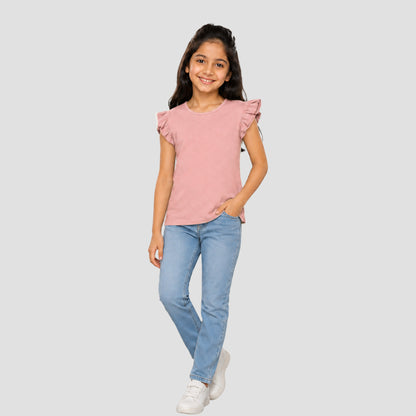 Charm N Cherish Cute Dusty Pink Ruffle Sleeve T-Shirt for Girls | Premium Soft Cotton Casual Wear Top
